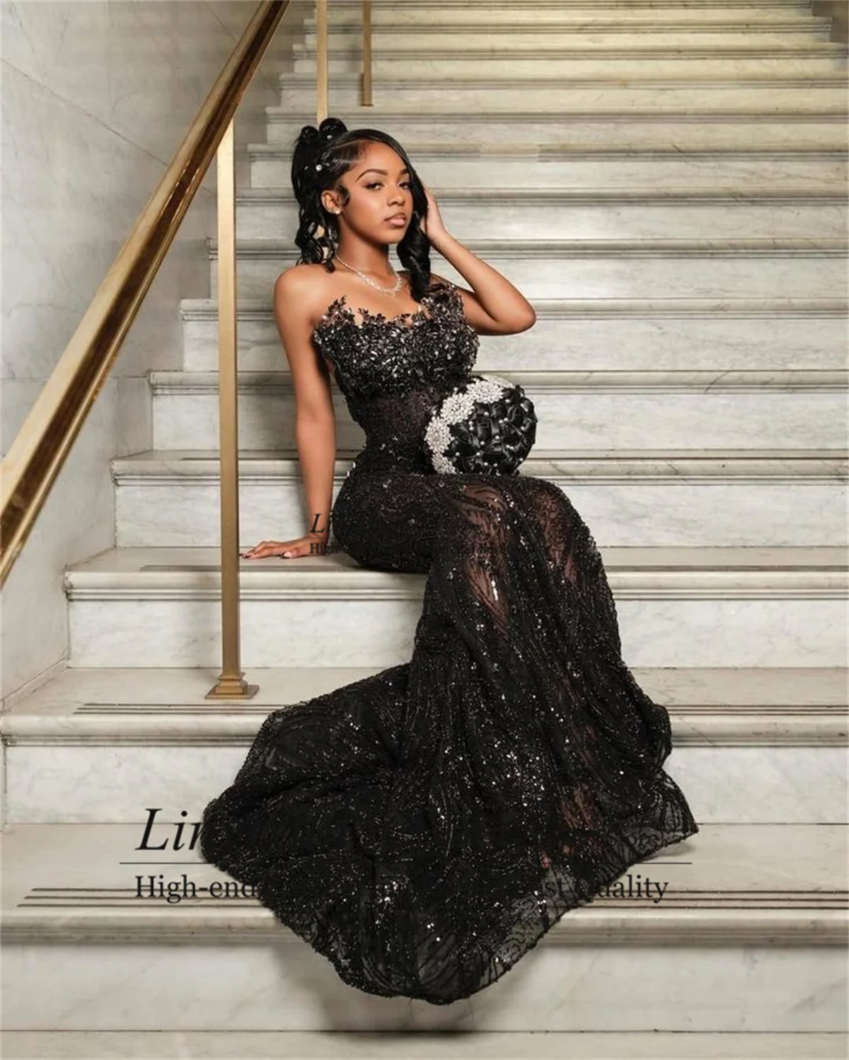 Shiny Sequins Lace Crystals Prom Dresses Customized Black Girl Long Evening Party Gown Aso Ebi Mermaid Wedding Party Dress