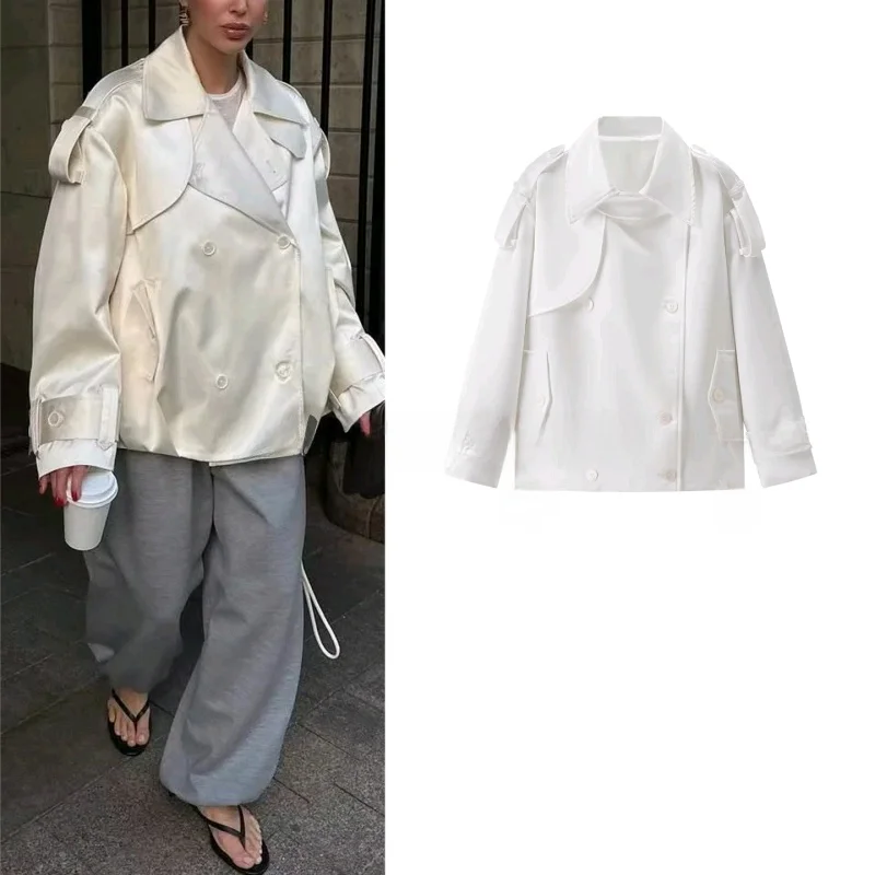 

Fall New Arrival Women's mat Loose Fit Long Sve Notch Collar Double Buttoned ort Coat Jaet Commute Sle Polyes...