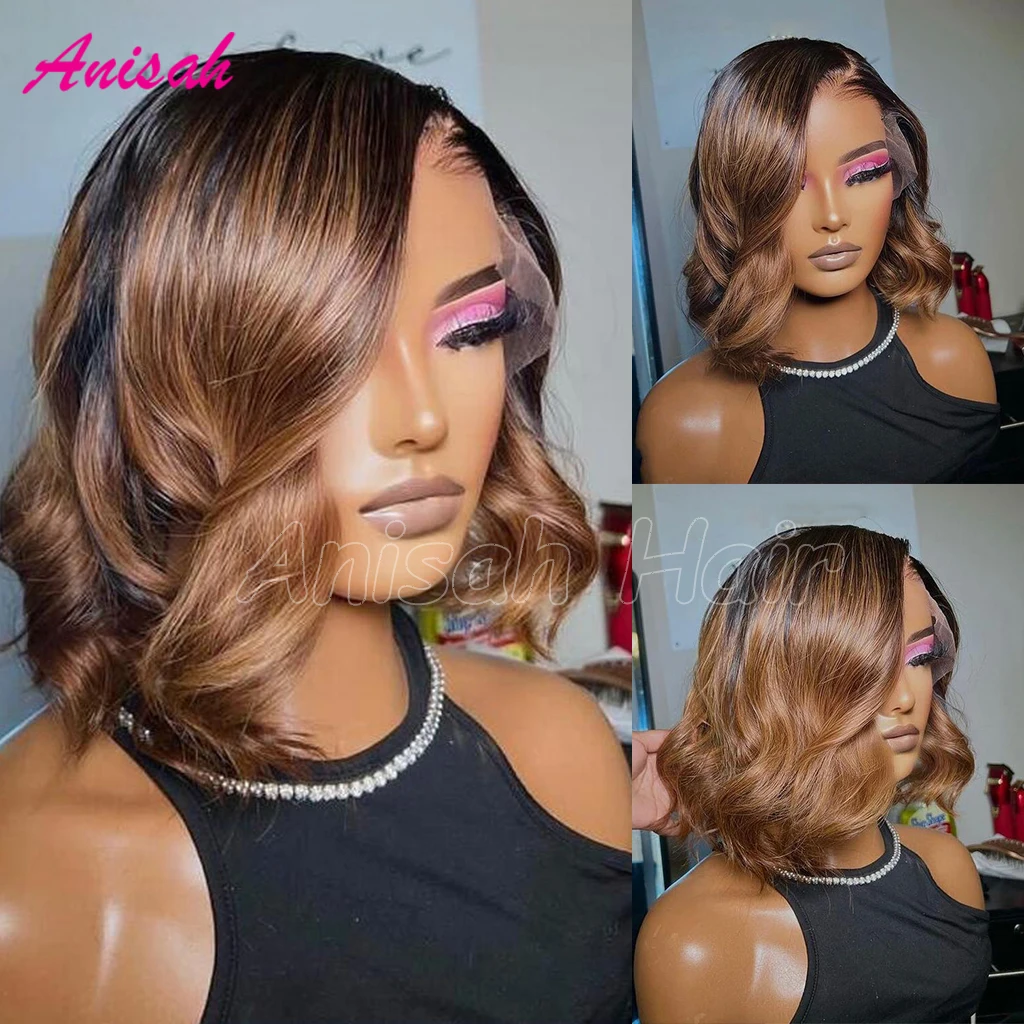 

Short Bob Lace Front Human Hair Wigs Ombre Brown Short Bob Body Wavy 13x4 Transparent Lace Frontal Wig Pre Plucked