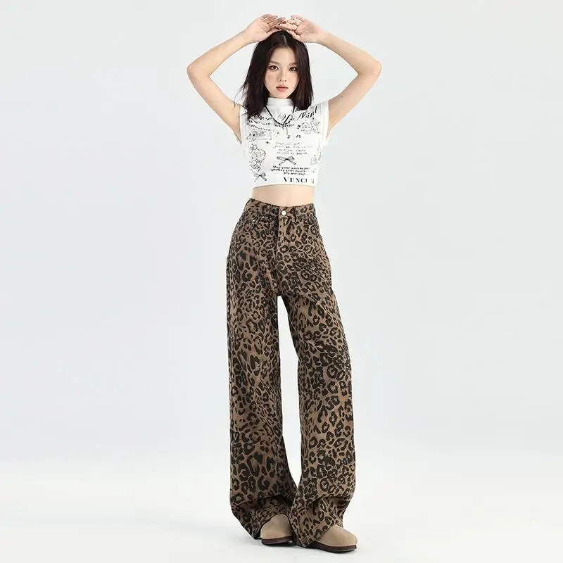 Denim Pants Female Oversize Wide Leg Trousers Streetwear Hip Hop Vintage Leopard Jeans Women Clothes Loose Casual ﻿