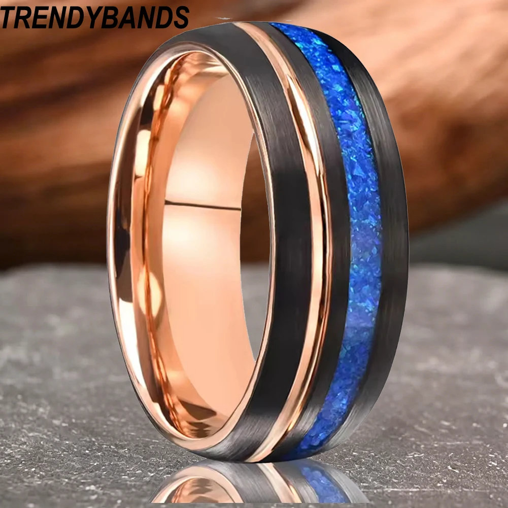 タングステンカーバイドリング-メンズ-レディース-ブルーオパール-メンズ婚約指輪-結婚指輪-ローズゴールド-グルーブ-インレイウッド-マットブラッシュ仕上げ