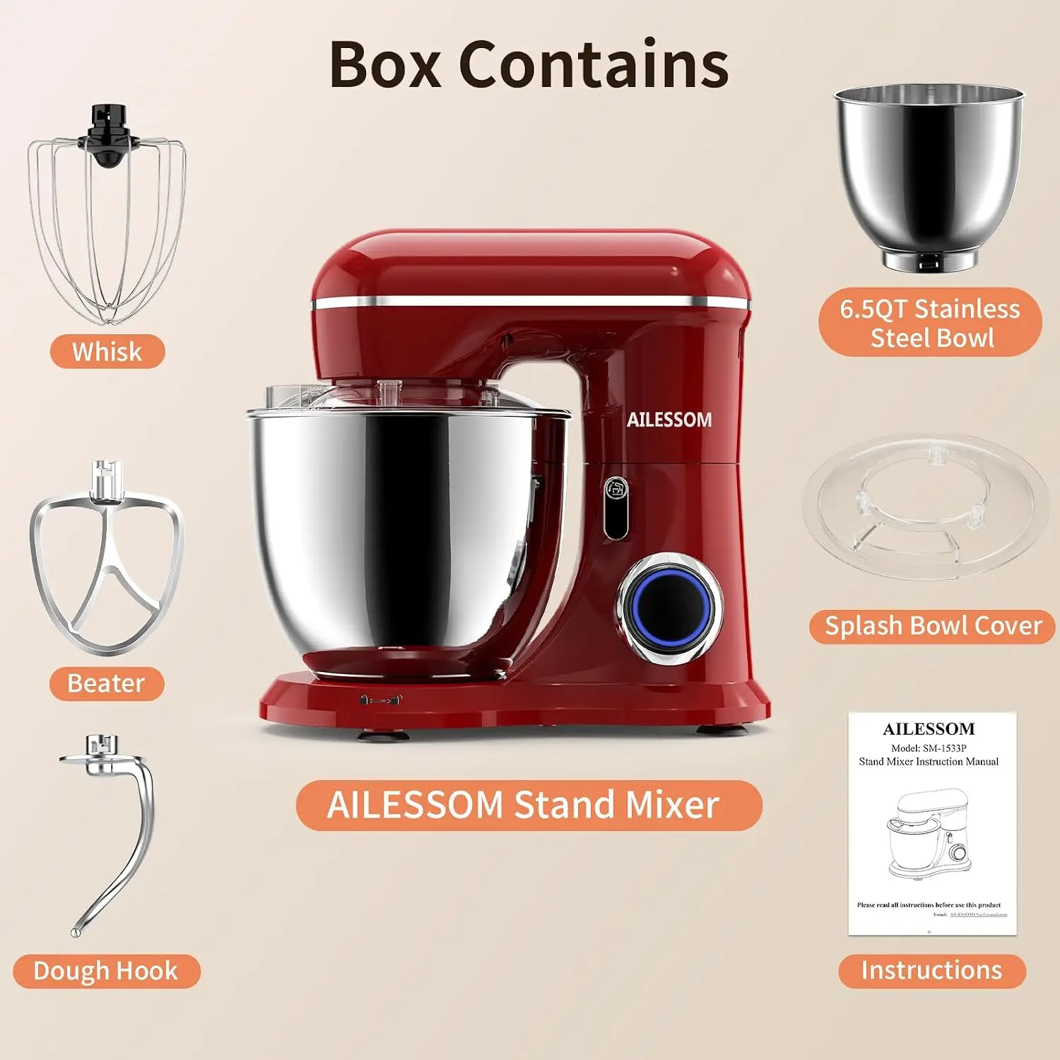 Stand Mixer 65QT Household Food Mixer 10Speed TiltHead Electric Kitchen Mixer 304 Stainless Steel Bowl Dough Hook Whisk Beater S