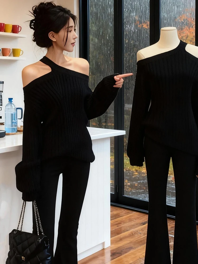 

Slimming Off-oulder Irregular Knitted Sweater Women's Autumn Winter Loose Outerwear Inner Match Coat Top Morning Bell Eveni...