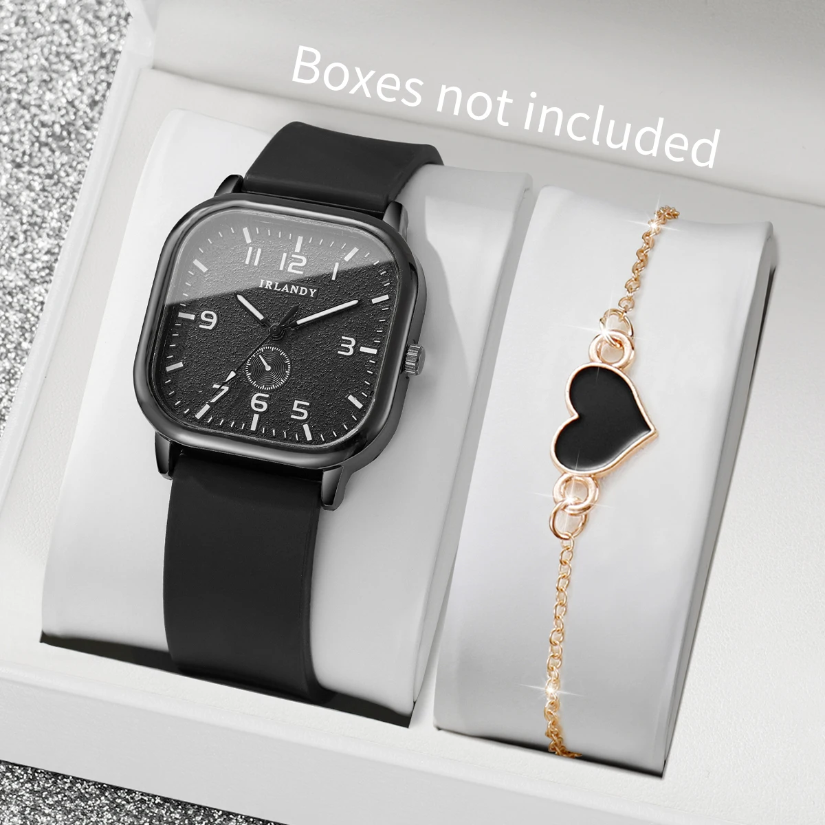 2/4 قطعة ساعات المعصم النسائية ذات الطلب المربع على شكل قلب مجموعة سوار كوارتز بحزام سيليكون للسيدات (بدون صندوق)