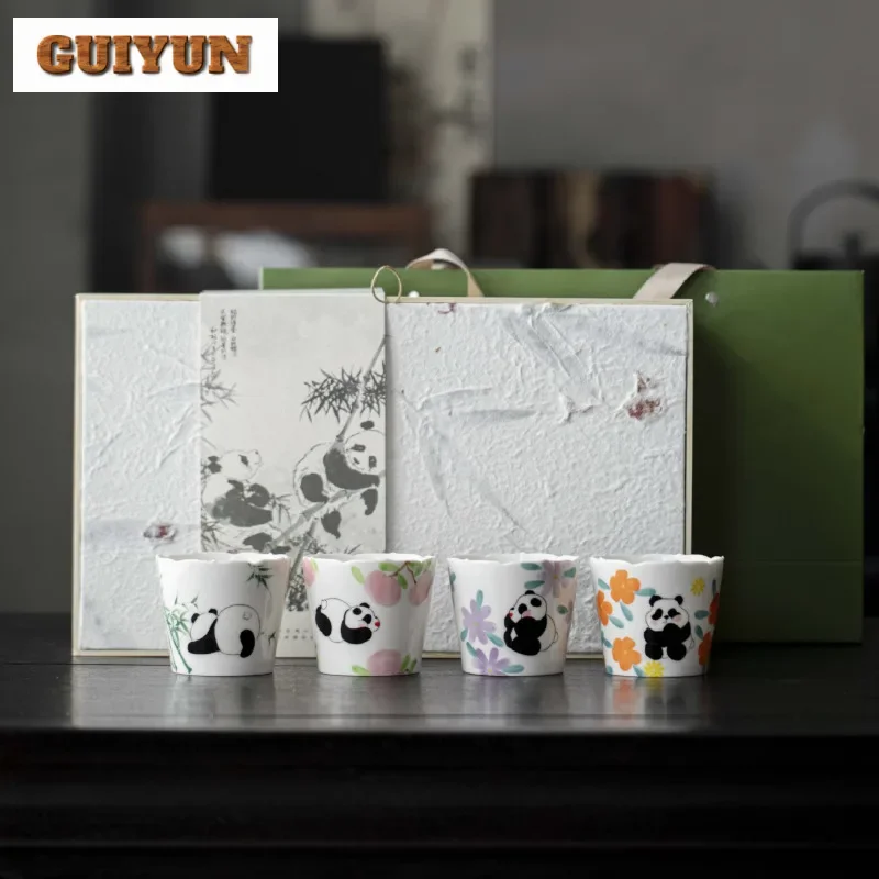 

4pc/lot Hand Drawn Chinese Panda Teacup Handmade Tea Bowl Water Jug Tea-tasting Meditation Cup Chazhan Master Cups Teaset gifts