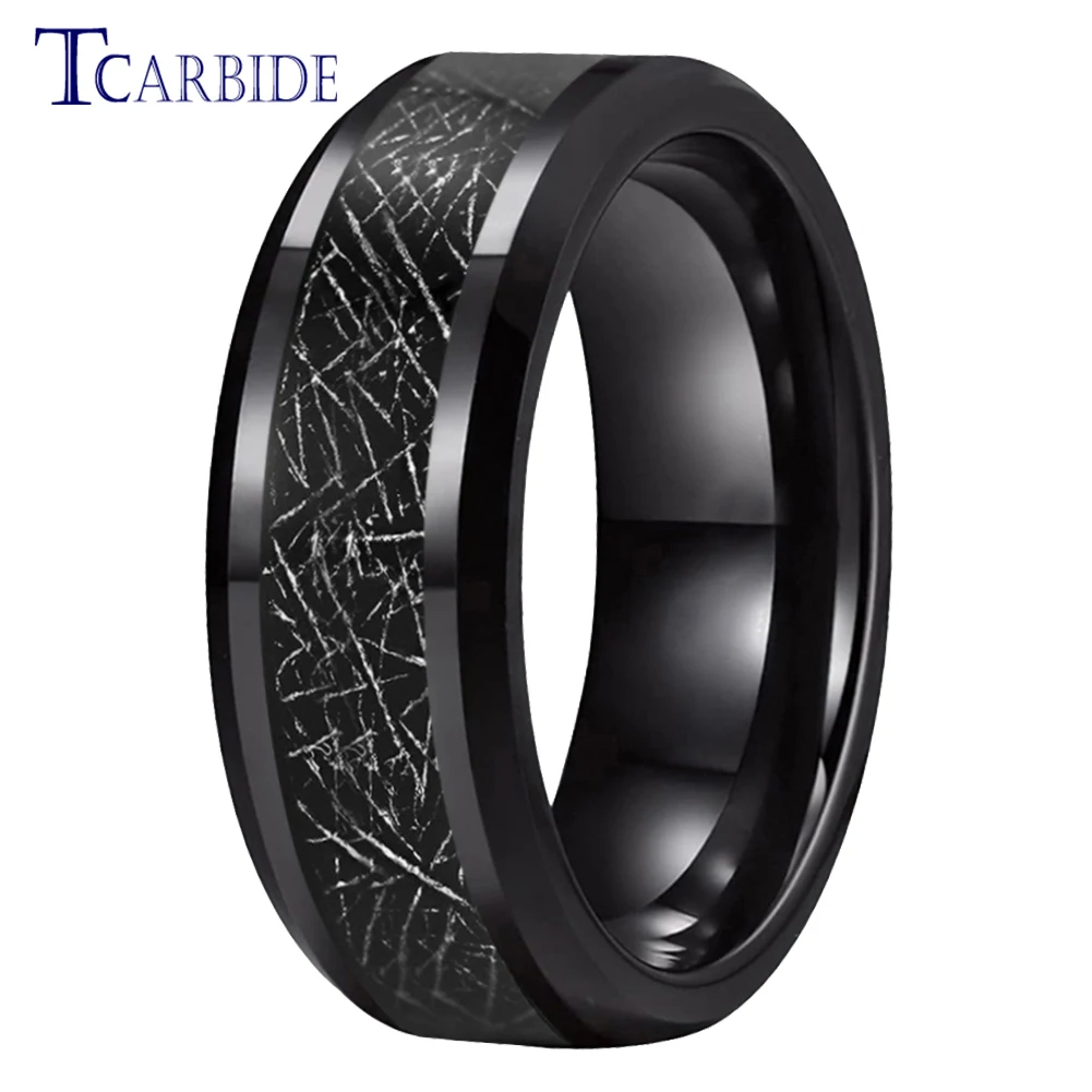 8MM Tungsten Wedding Rings For Men Women Black Meteorite Inlay Beveled Polished Trendy Gift Jewelry Comfort Fit