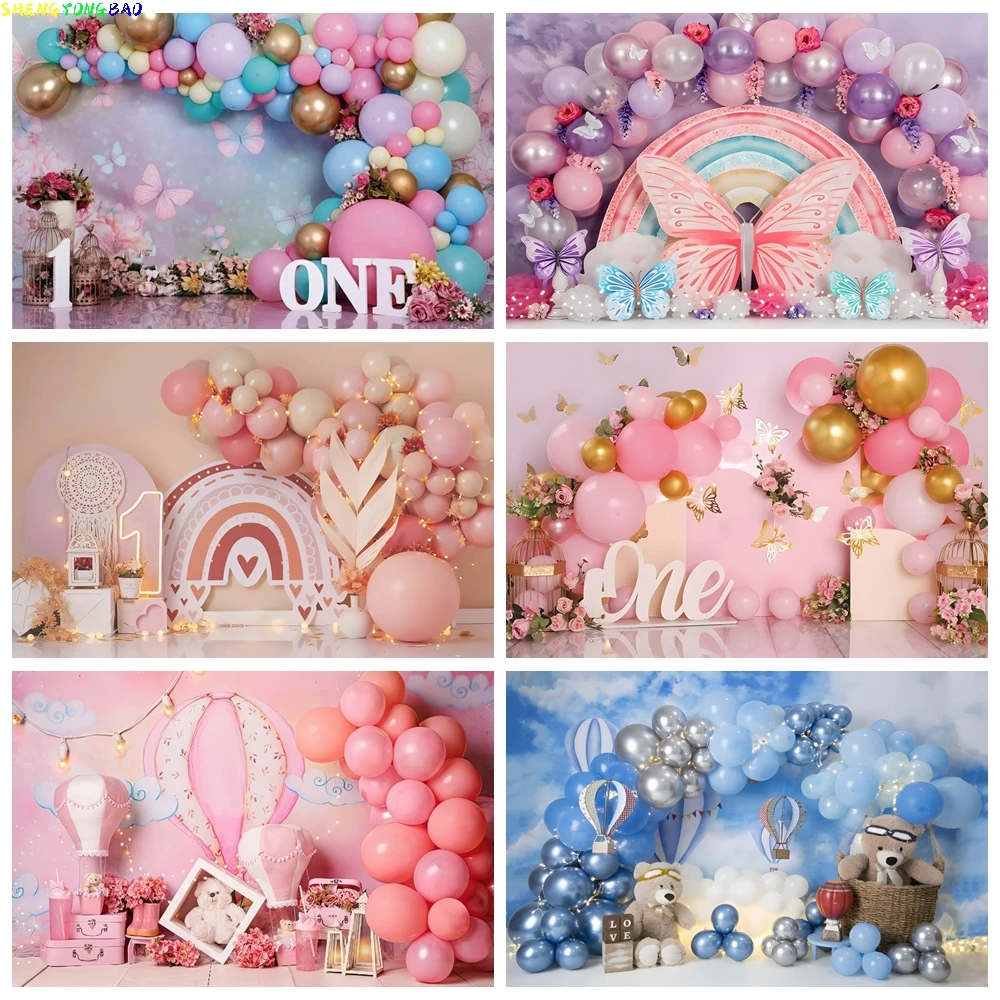 

Newborn Baby 1st Birthday Backdrop Girl Boy Pink Blue Balloon Tent Cake Smash Baby Shower Photography Background Decor Props