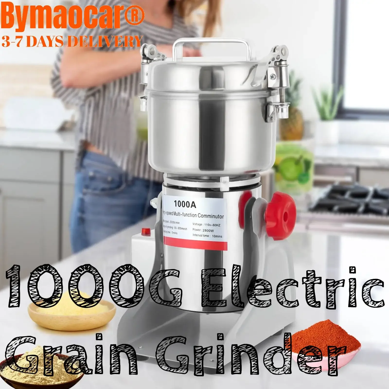 เครื่องบดเมล็ดพืชไฟฟ้า 1000 กรัม 3600 วัตต์ สแตนเลส บดเครื่องเทศและสมุนไพร ความเร็วสูง 30000 รอบต่อนาที สำหรับบดข้าวสาลี ข้าวโพด ข้าวสาร