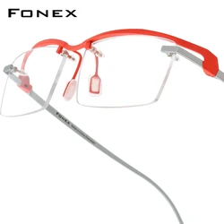 FONEX Pure Titanium Eyeglasses Frame Men Brand Design Semi Rimless Square Glasses Japanese Half Rim Ultralight Eyewear 85817