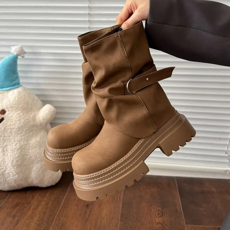 المرأة الارتفاع زيادة أحذية رعاة البقر سميكة سوليد الأوسط الأحذية بسيطة مريحة حذاء من الجلد جولة تو كعب سميك الأحذية النسائية