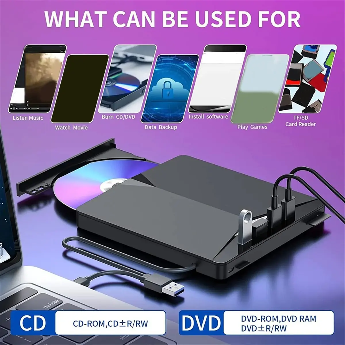 AT42  USB 3.0 Type-C External Burner DVD RW CD Drive High-Speed Portable Optical Burner for PC Laptop