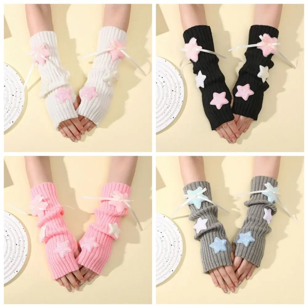 

New Y2K Long Wrist Gloves Stars Soft Arm Warmers Thicken Solid Color Half Finger Gloves Women