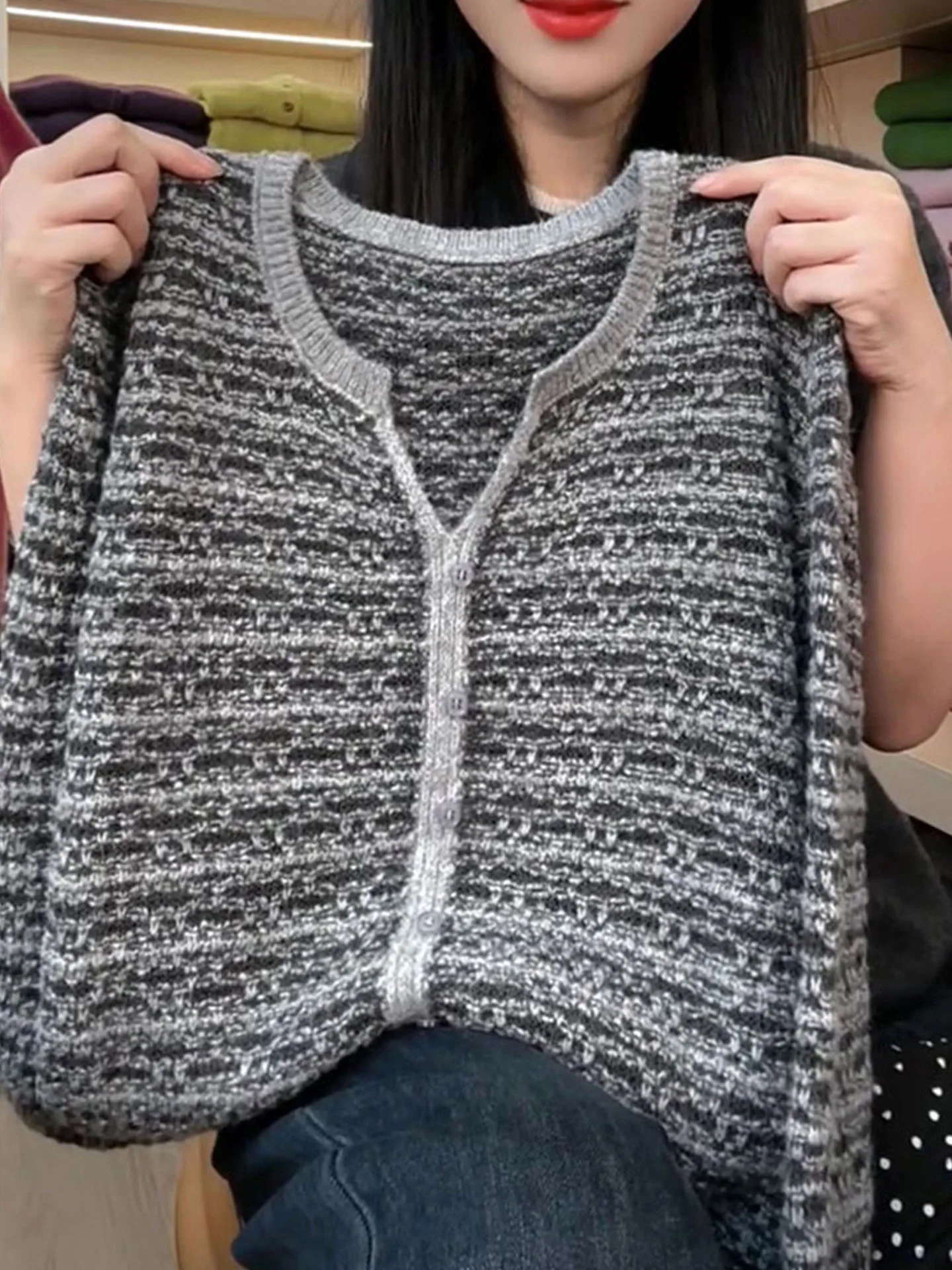 

Ele Comfortable Long Sve Women's Base irt Faionable Knitted Top Loose Fit Autumn Wear Korean Sle V-Ne Single B...