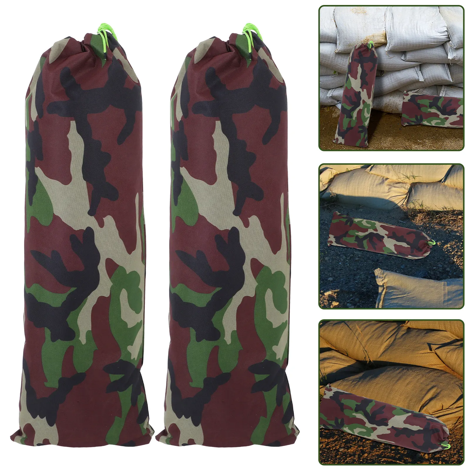 

2Pcs Flood Control Sandbag Camouflage Thickened Oxford Cloth Reusable Drawstring Flood Barrier Door Window Basement Garage