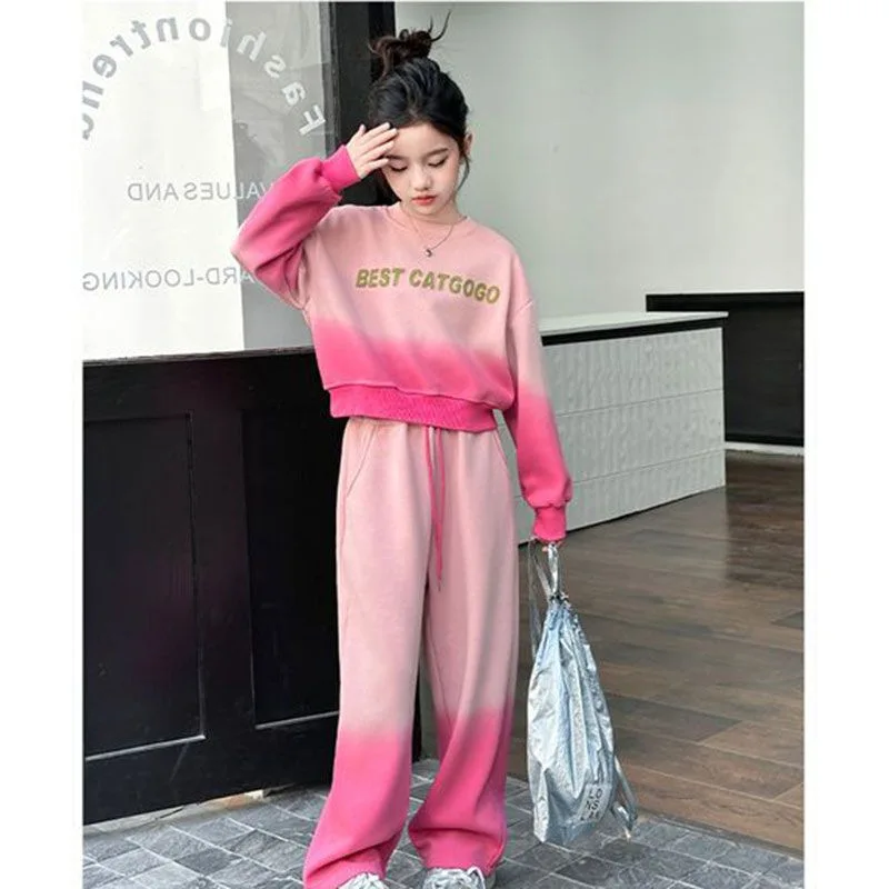 2026 spring Teenager Clothes Children Set batwing Crop Top sweatshirt top and bottom wide leg Pant suit tracksuit 4 8 12 14 year