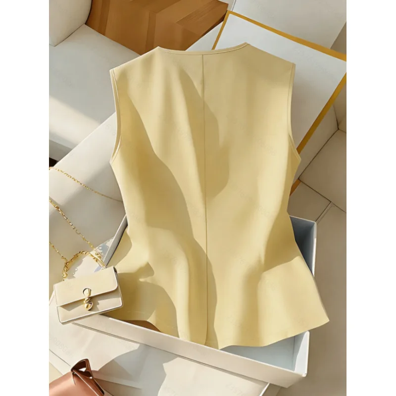 Women Elegant Office Sleeveless Blazer Vest Lapel V Neck Button Slim Fit Yellow Waistcoat Summer Business Sleeveless Shirt Top view 3