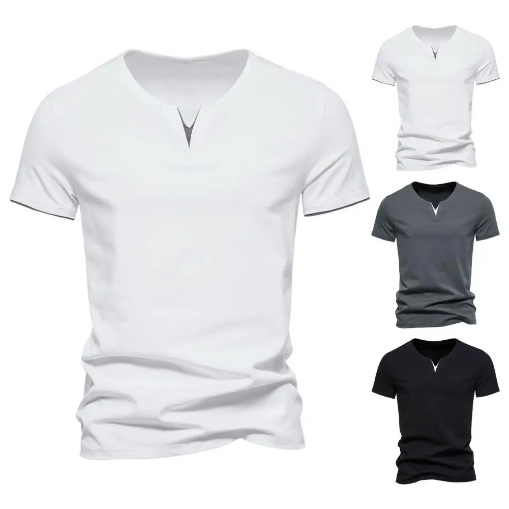 Lightweight Stretchy Men Shirt Men's V Neck Summer T-shirt with Short Sleeves Elastic Fake Two-piece Design Soft Breathable