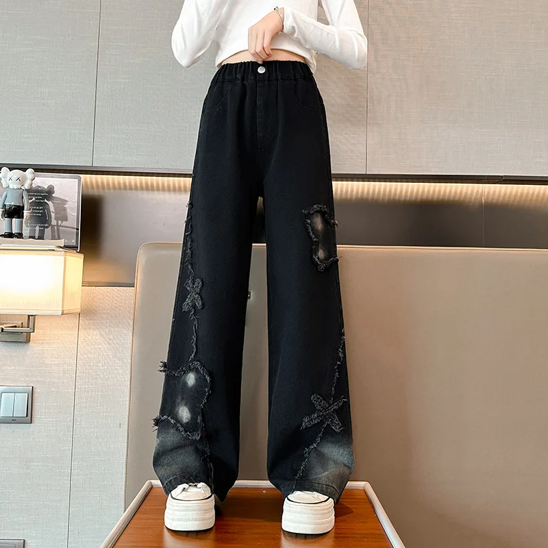 

Детские брюки для девочек, осенние брюки контрастного цвета с принтом для девочек, брюки с высокой талией, джинсы в полный рост для школьниц, прямые джинсы