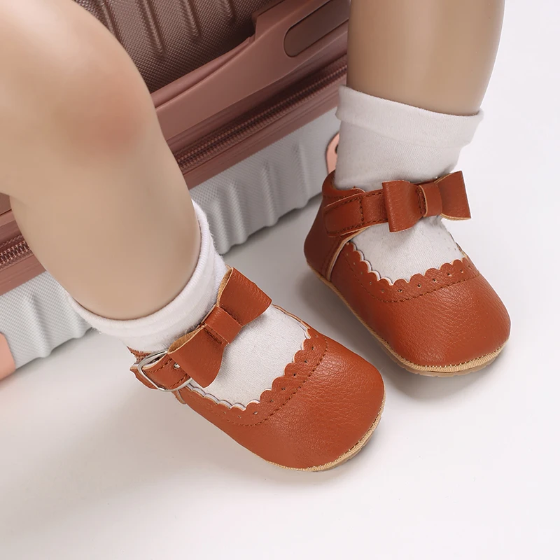 Newborn Soft Soles Brown Girl Boy Shoes Non-Slip Rubber Soles Cute Big Bow Princess Shoes Breathable Leather Baby Walking Shoes
