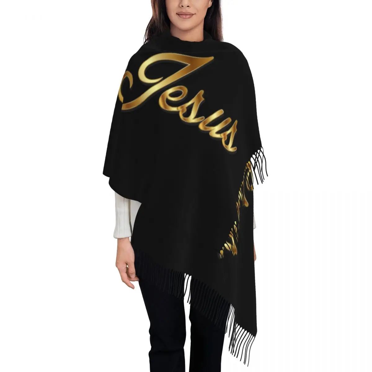 Custom Jesus Tassel Scarf Women Warm Shawls Wraps Lady Christian God Bible Faith Christianity Quote Christ Religious Scarves