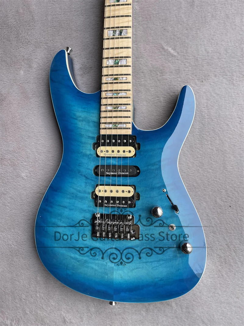 Blue Electric Guitar Mahogany Body Flamed Maple Top Flamed Maple Fingerboard Fixed Bridge Chrome Tuners Acrive Battery