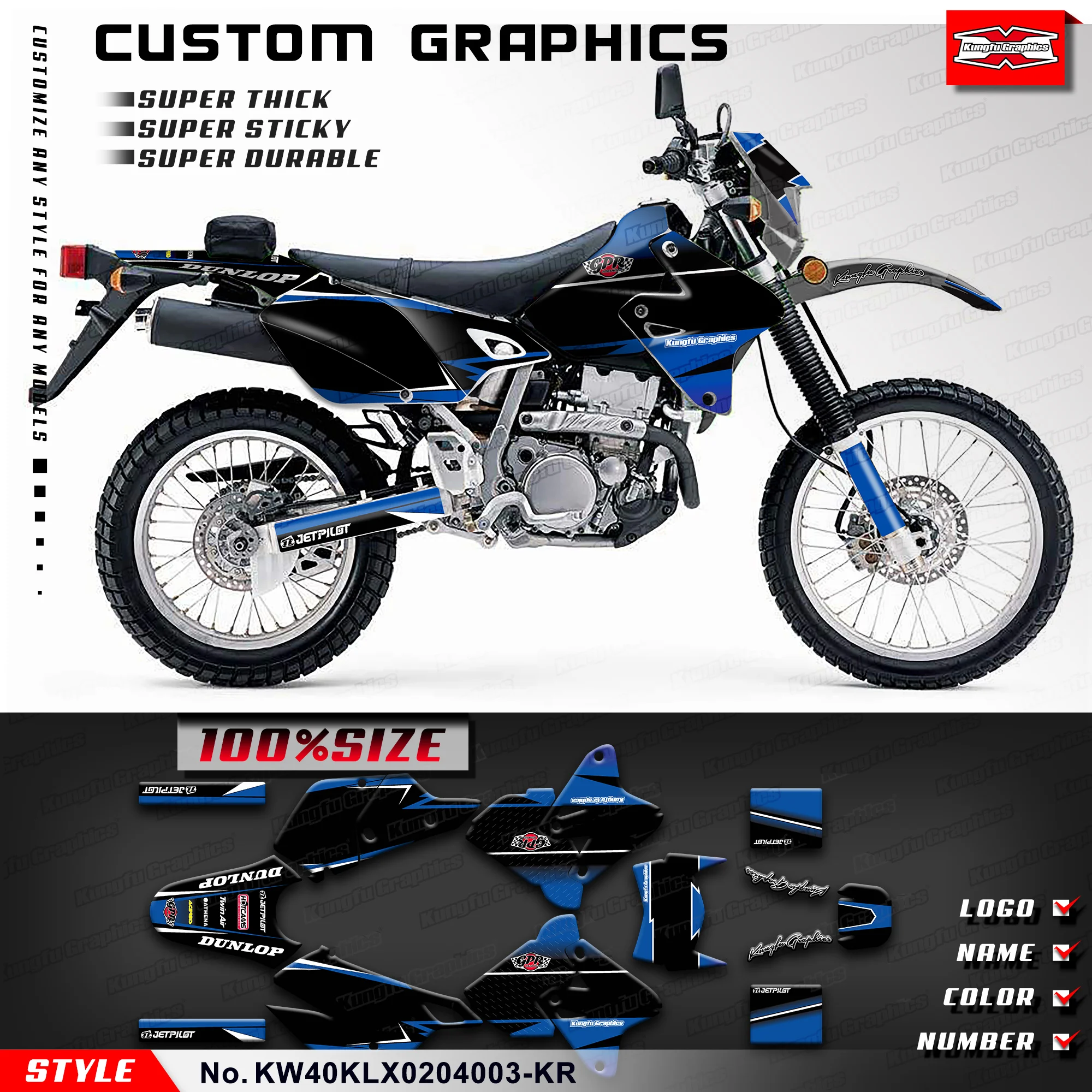 

KUNGFU GRAPHICS Custom Decal Kit for Kawasaki KLX400R KLX 400 R 2002 2003 2004 / DRZ 400 SM / DRZ 400 Enduro, KW40KLX0204003-KR