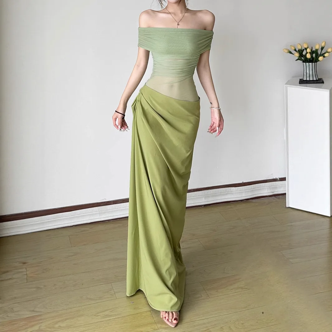 Elegant Off Shoulder Tulle Dresses Solid Color Slim Fake Two Pieces Dress for Women Summer Beach Temperament Long Skirt