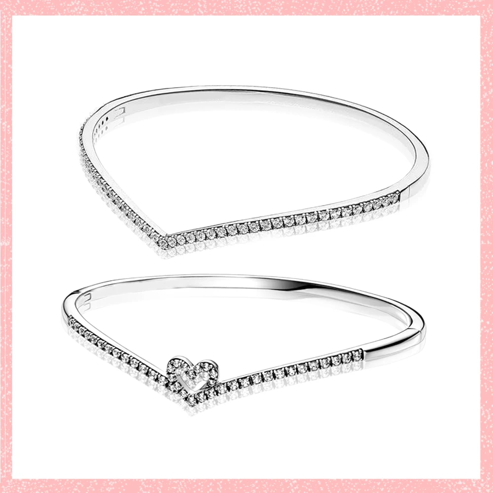 S925 Sparkle Heart Shaped Wishbone Bracelet with Diamonds Fit for Original Charm Making Fashion Jewelry for Women Gifts