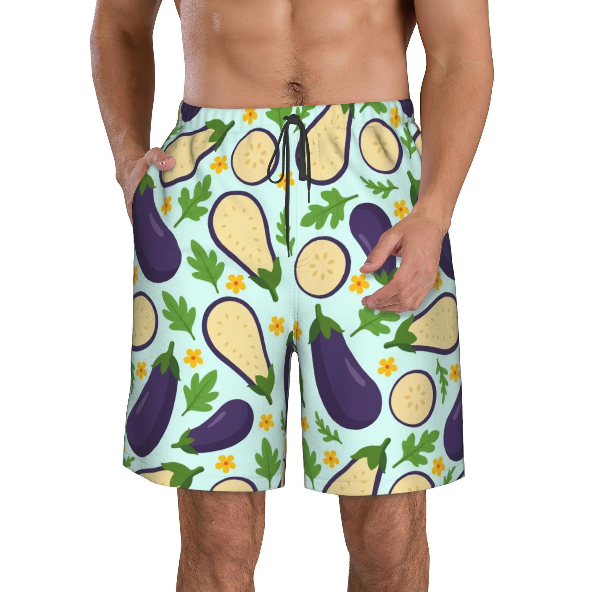 Vegetable Cartoon Eggplant Pattern Trunks Beach Board Shorts Casual Quick Dry Swimming Summer Men Pants