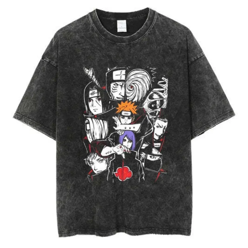 Riman Naruto Shirt Washed and Worn Short Sleeve T-shirt American High Street Retro Style Batik Short Sleeve Anime Top Tees Gift