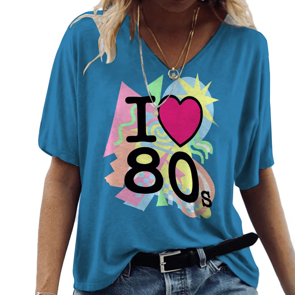 Women Fashion Short Seeve T Shirt V-neck Cotton 3d Love 80s Printed Tee Shirt Harajuku Summer Vintage Femme Loose Ladies Clothes