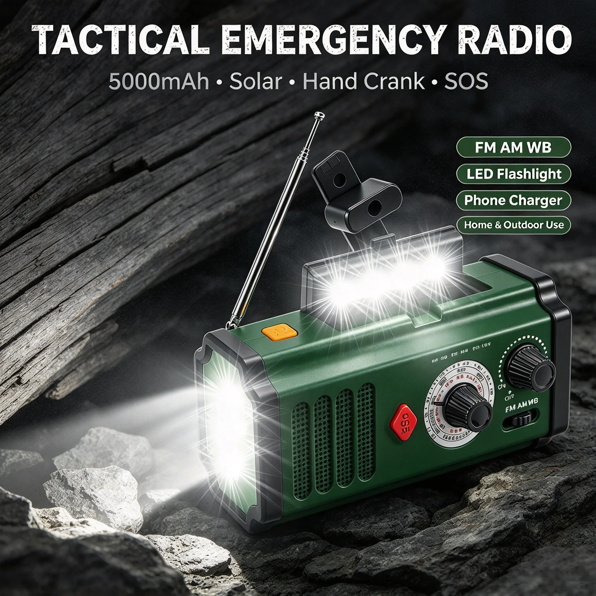 Portable FM AM WB Radio Emergency Weather Radio Solar Hand Crank with SOS Alarm Flashlight Reading Light Power Bank for Outdoor