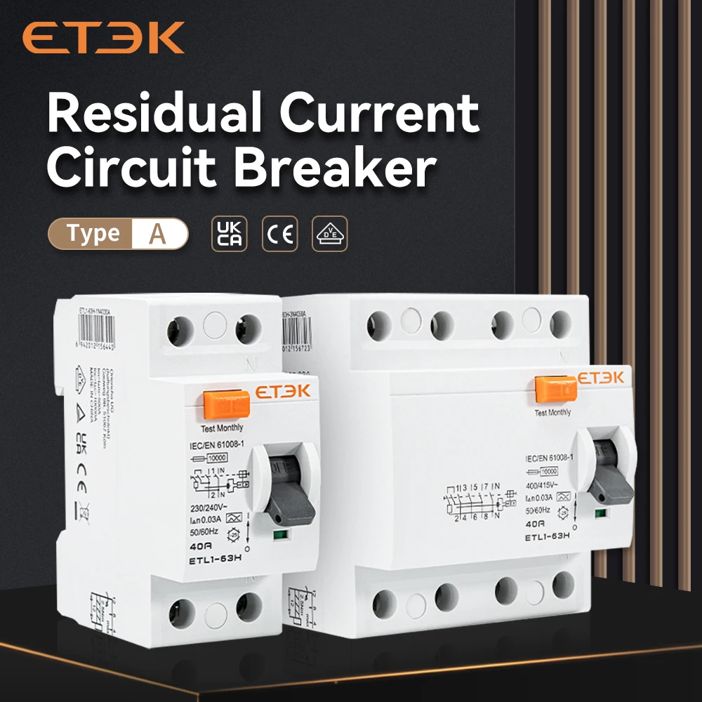 ETEK Type A RCCB Electromagnetic 4 Pole25A 40A 63A RCD 30mA 100mA 300mA 10KA Residual Current Circuit Breaker