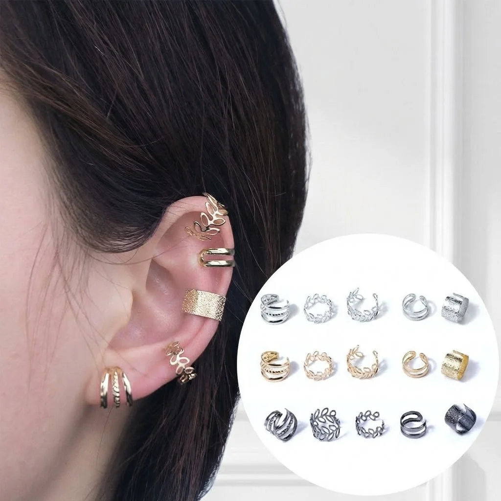 5pcs/Set Earring Set Creative Leaves Ear Cuff Gold Silver Color Korean Style Earrings For Women C-Shape Simple Ear Bone Clips