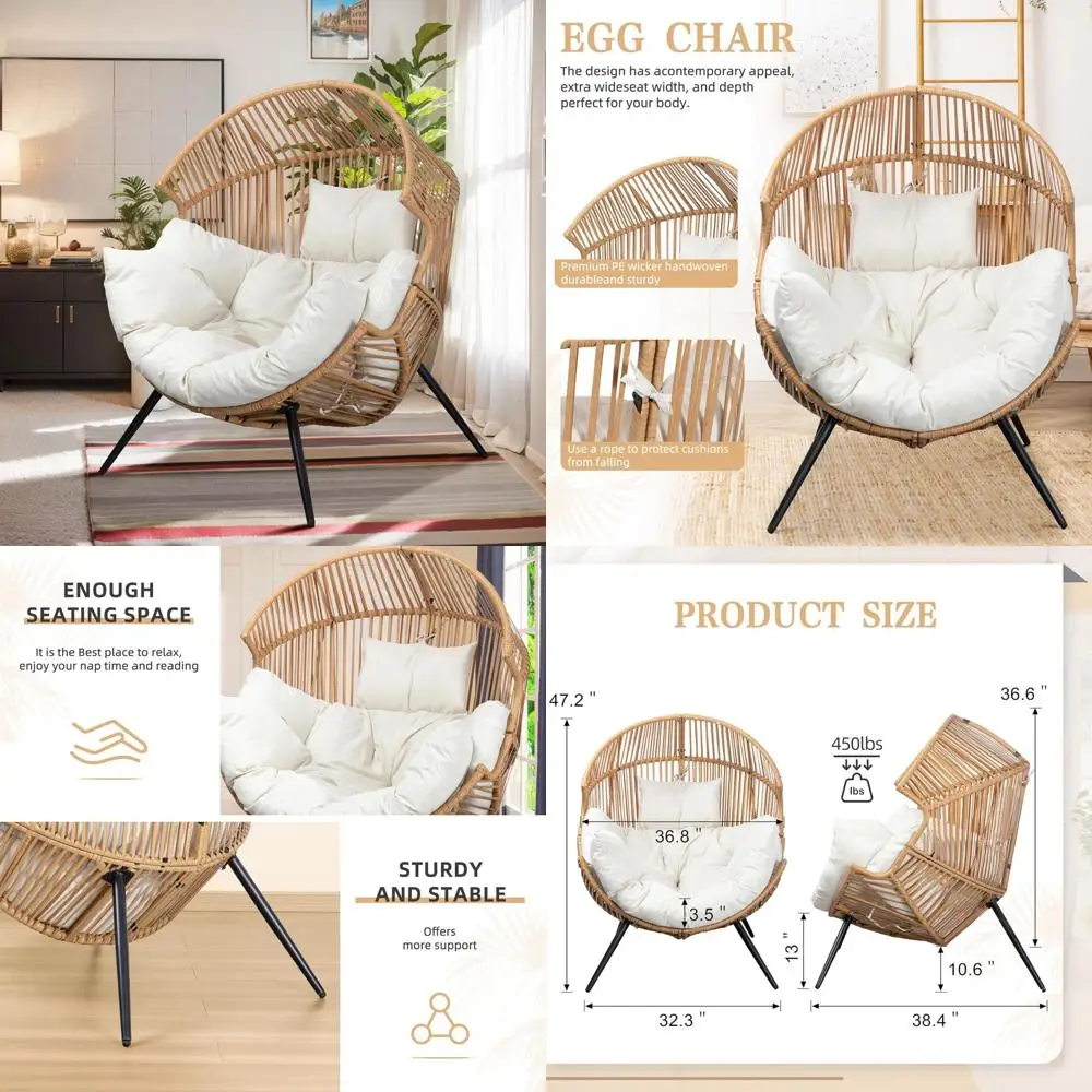 

Oversized Wicker Egg Chair with Cushion for Outdoor and Indoor Use, Perfect for Patio, Balcony, and Backyard Relaxation