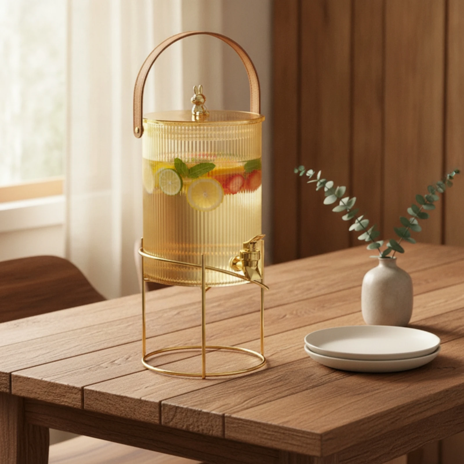 Glass Beverage Dispenser with Stand Transparent Ribbed Glass Dispenser with Lid Cold-Use Countertop for Hosts, Gatherings