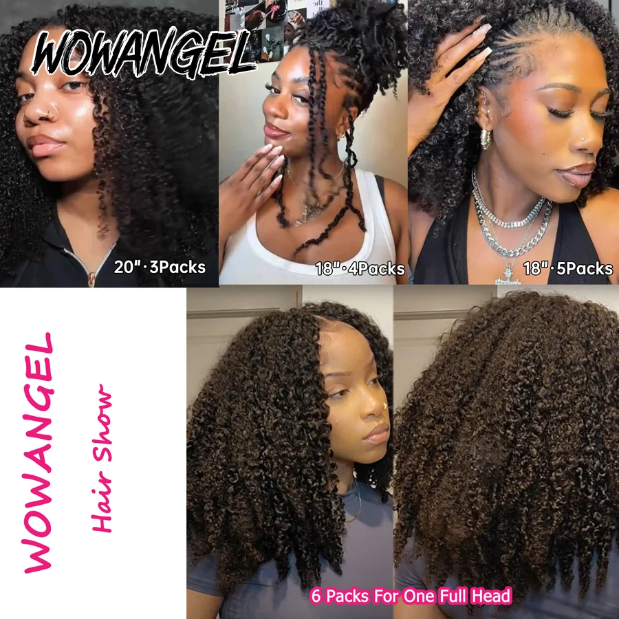 WOWANGEL Afro Kinky Curly Ganchillo de Plumas Extensiones de Cabello Humano Pre-Bucle Micro Anillo Extensiones de Cabello Reutilizables Sin Pegamento Sin Calor 4