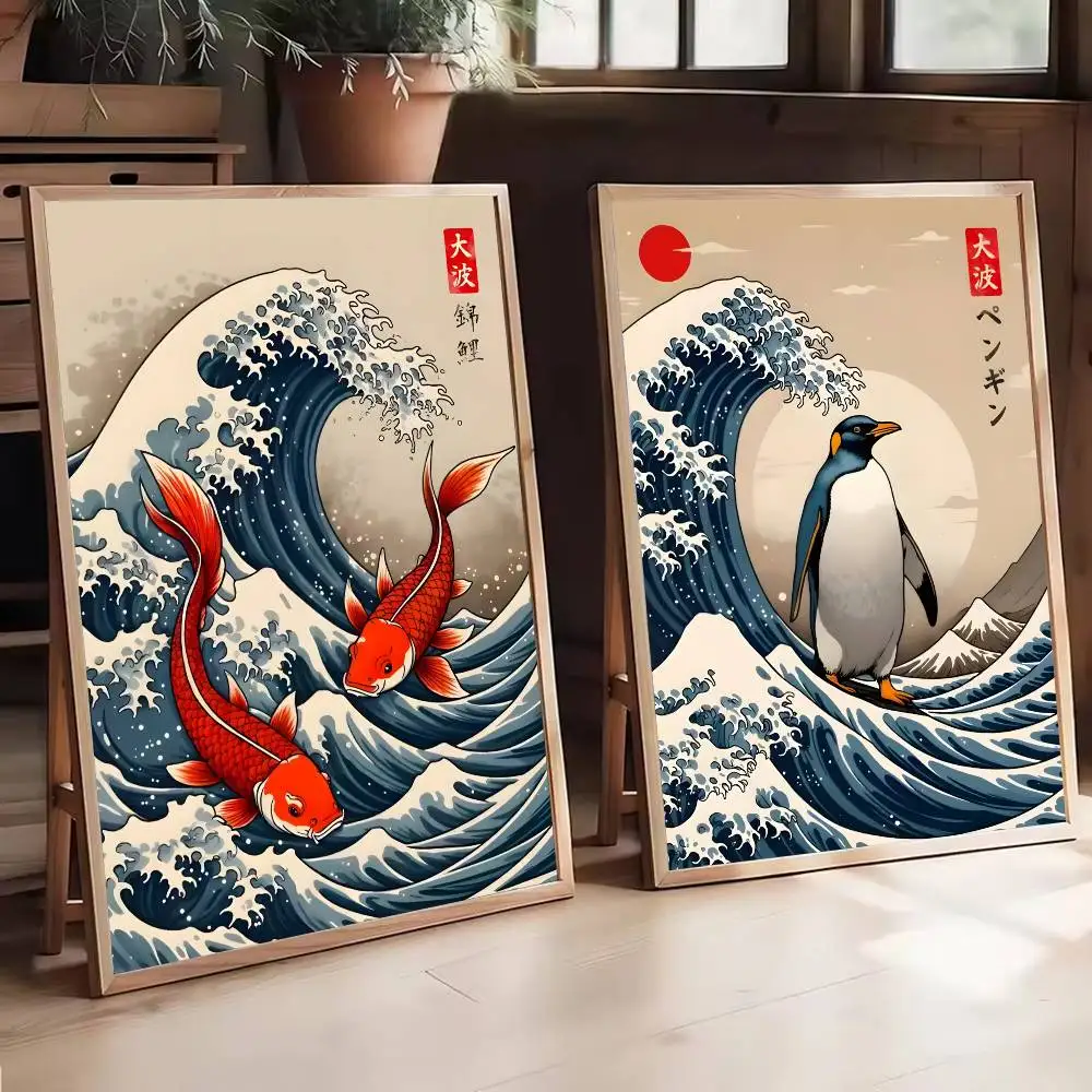Póster autoadhesivo de animales de estilo japonés Vintage, la gran ola Katsushika Hokusai, pegatina de papel impermeable para decoración de pared