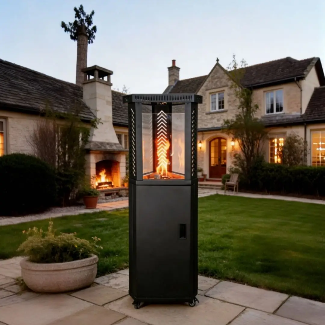 Outdoor LPG Fire Pit Tower Heater, Propane/Butane Gas Patio Heater with 304 Burner, Wheels & Lava Rock for Garden Backyard