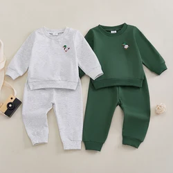 Toddler Girl Boy Outfits Duck Embroidery Long Sleeve Crew Neck Tops with Elastic Waist Pants 2 Pcs Set