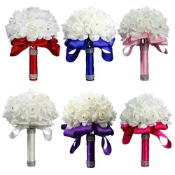 Bridal Bridesmaid Bouquet Artificial Holding Flowers Rhinestone Ribbons Wedding Party Church Home Christmas Table Bedroom Decor