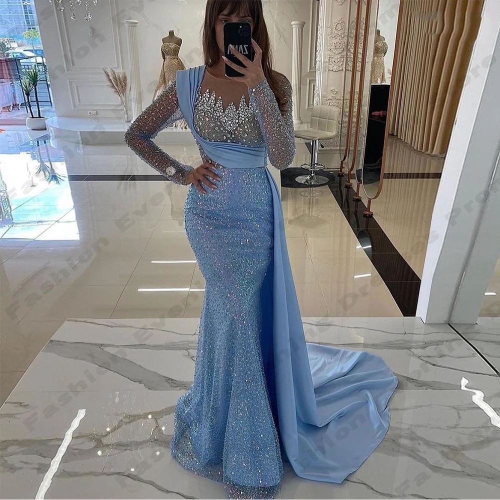 Fashion Gorgeous Satin Evening Dresses Fashion Sexy Mermaid Round Neck Long Sleeves Long Simple Mopping Prom Gowns For Women