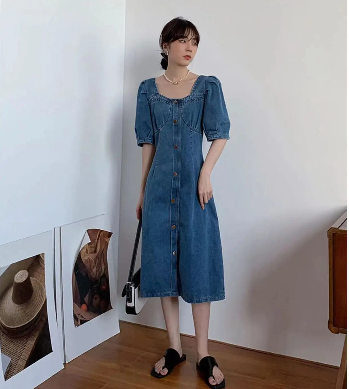 

2023 Summer Casual Simple Fashion Elegant Korea Vintage Loose Temperament Slimming Square Collar Slim Waist Denim Dress Z495