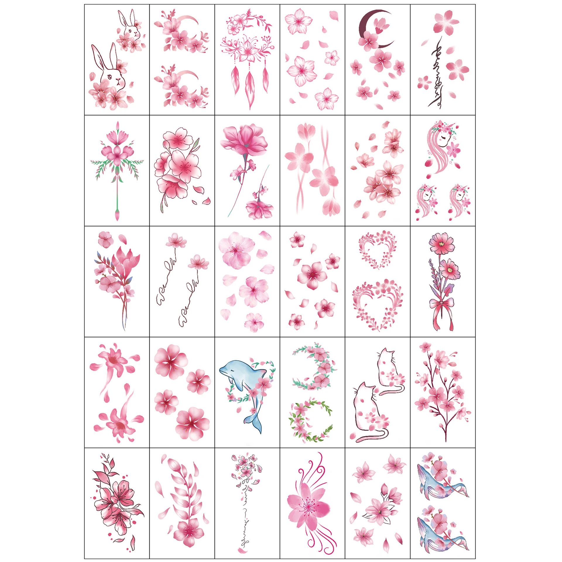 30Pcs Cherry Blossom Flower Pattern Temporary Tattoo Stickers