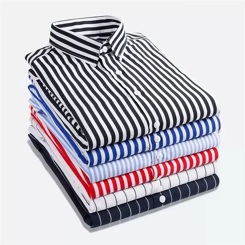 

2026 Men's Fashion Striped Long-Sleeve Shirt Business Casual Men's Shirt, Turn-down Collar Top Sizes XS-5XL Comfortable Fabric