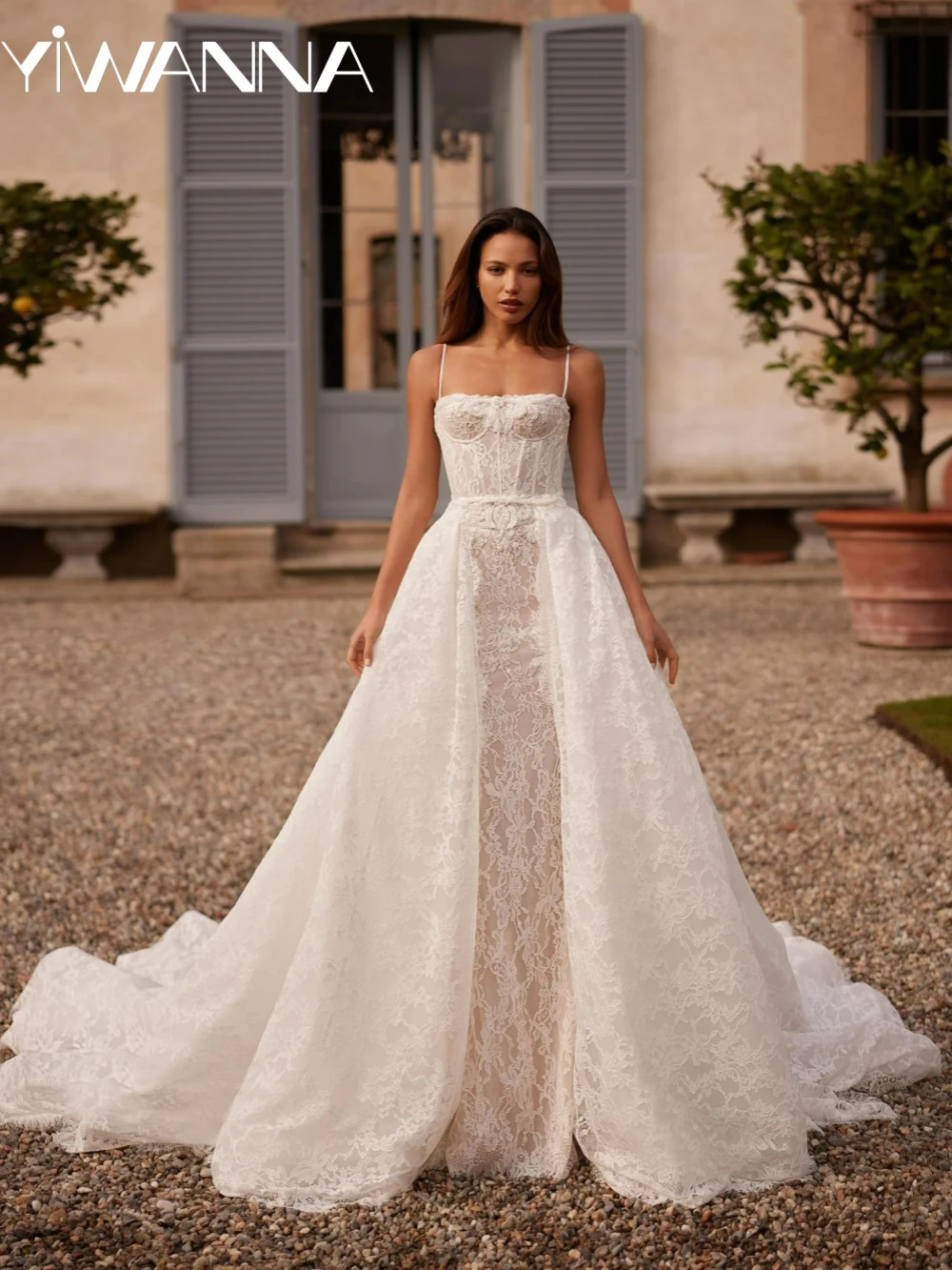 

Detachable Train Beaded Lace Mermaid Wedding Dress Elegant Square Neck Bridal Gown Customized Spaghetti Straps Dresses For Bride