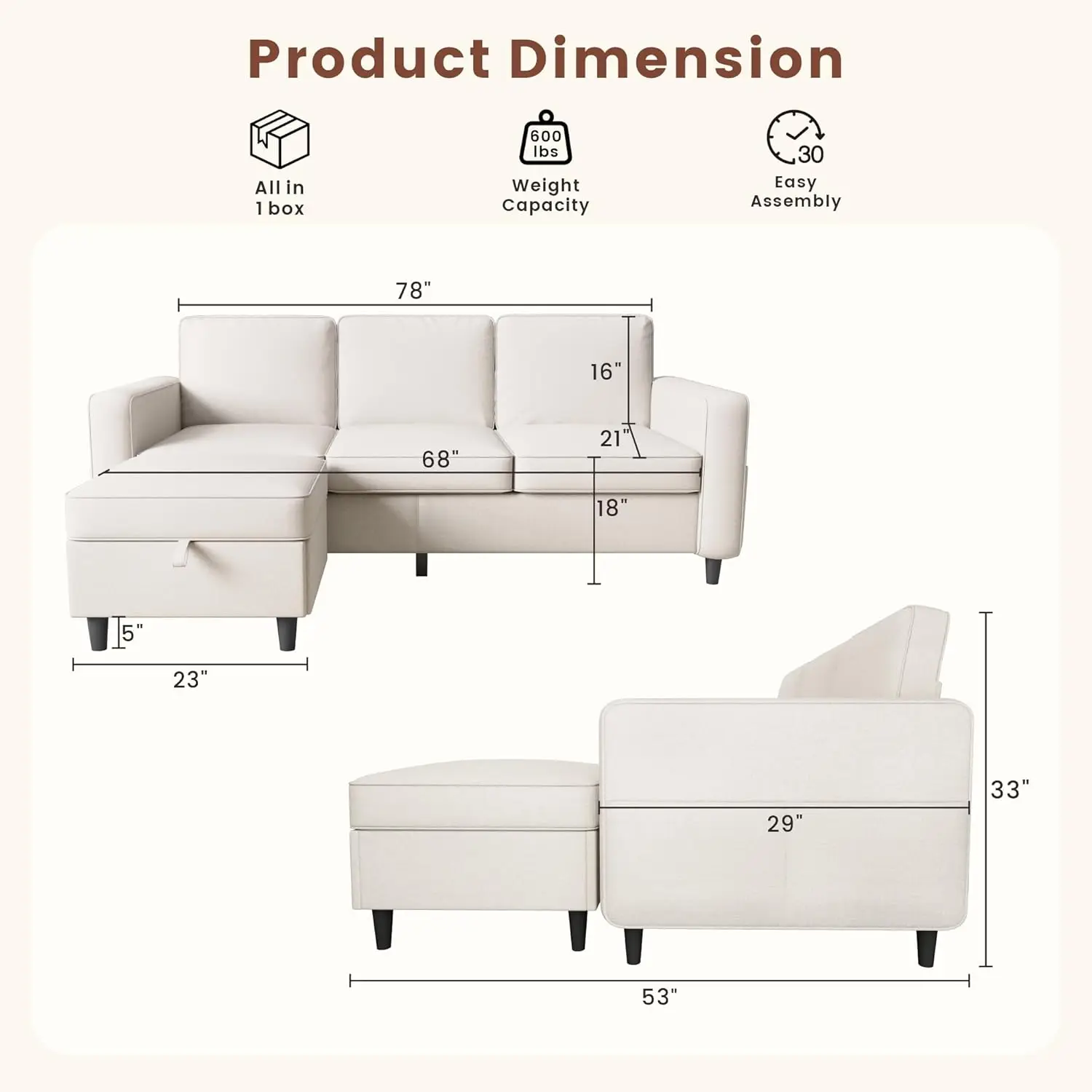 Sectional Sofa L Shaped Cloud Couch-Small Modular 3 Seat-with Storage Chaise-UBS-Washable Covers-Suitable