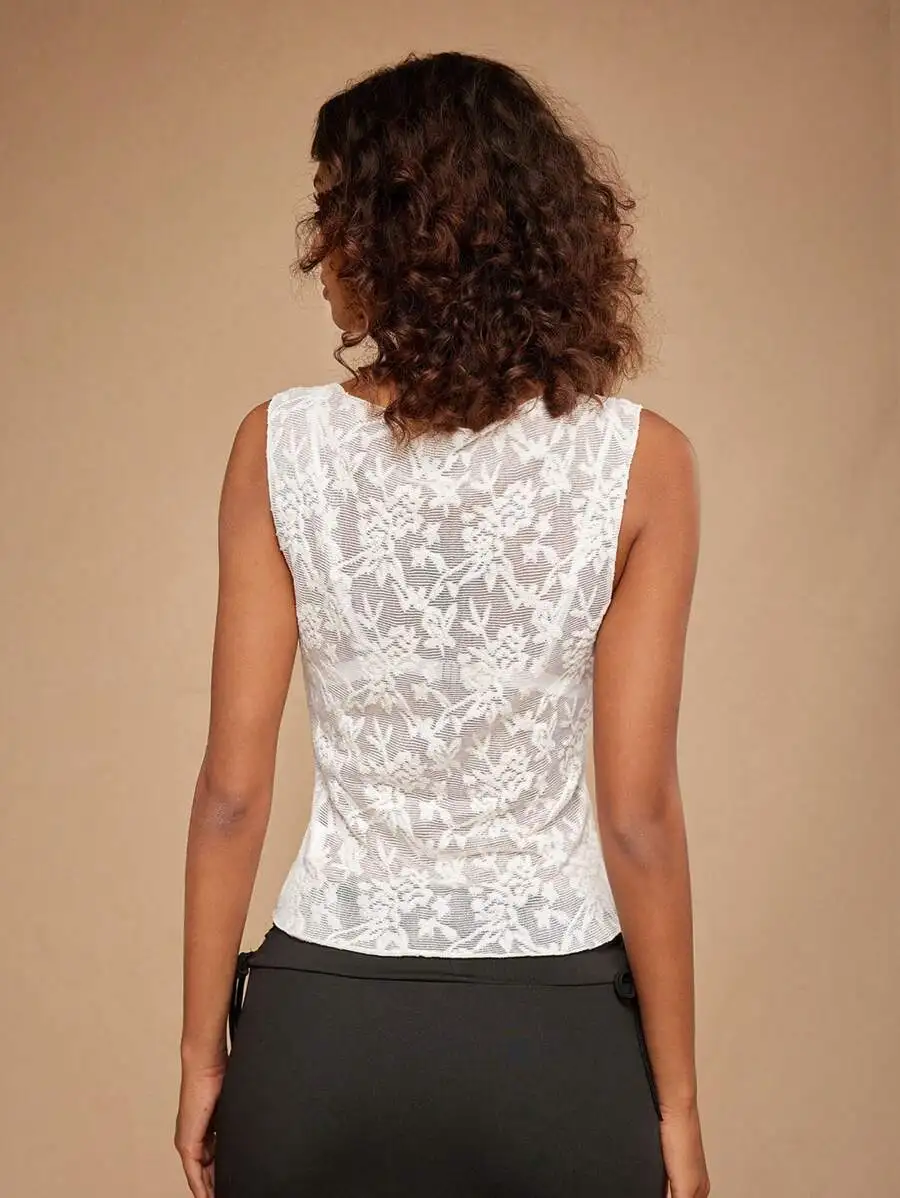 2026 Women's Summer Lace Mesh Floral Tank Top Ruffle Trim Sleeveless Casual Flowy Tank Tops for Women