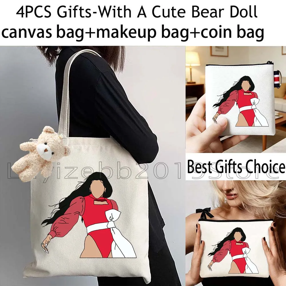 4PCS Gift Rosalia La Fama Motomami Music Singer White Canvas Tote Bag Handbag,Cosmetic Makeup Bag,Coin Purse Wallet Zipper Pouch