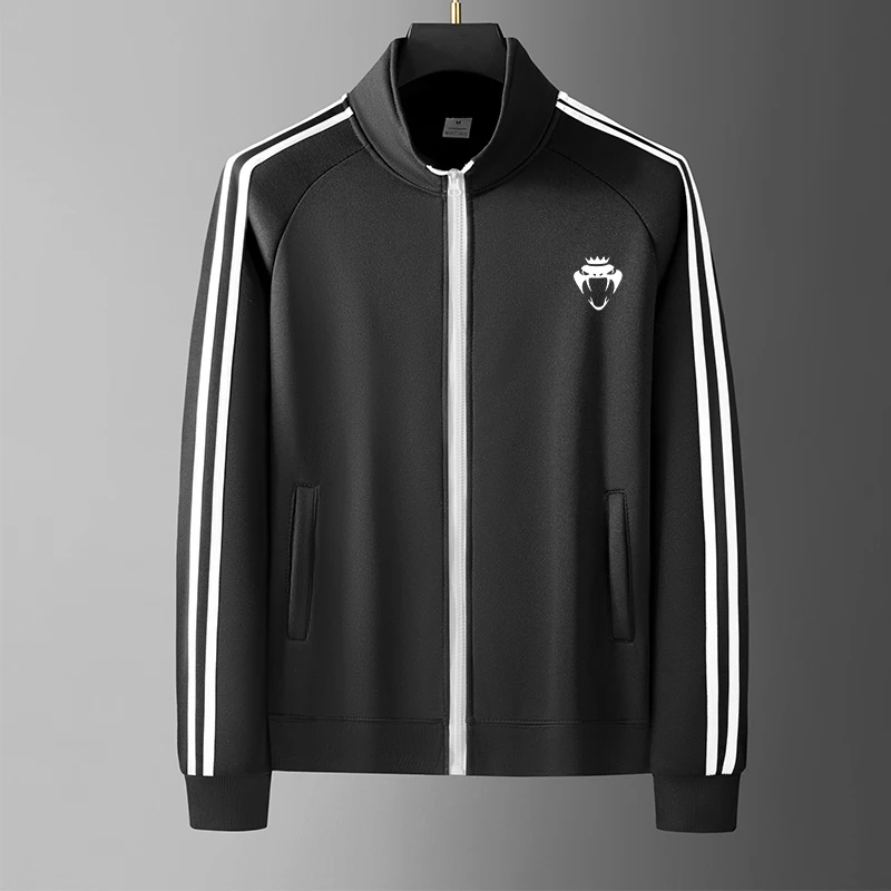 Men Casual Sports Track  Stand Collar Full Zip 3  Stripes  Logo Print Long Sleeve Sportswear Male Training Street Outer Coat